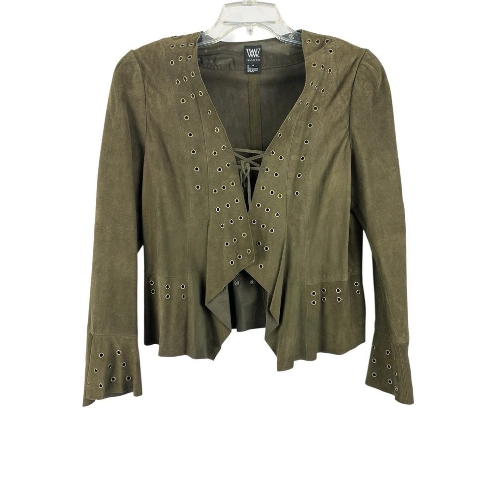 Worth Sz 14 Leather Jacket Soft Leather Studded Grommets Green